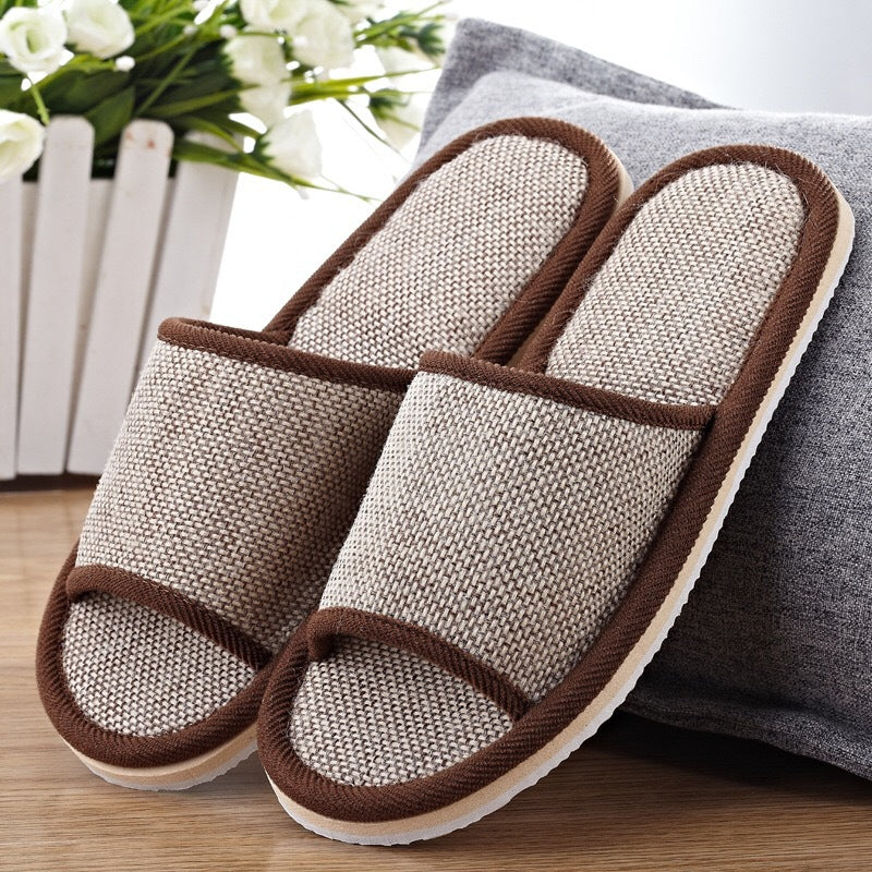 Comfortable and Breathable Four Seasons Open-Toe Linen Slippers for Home and Spa Use
