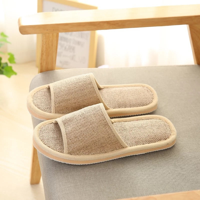 Comfortable and Breathable Four Seasons  Open-Toe Linen Slippers for Home and Spa Use
