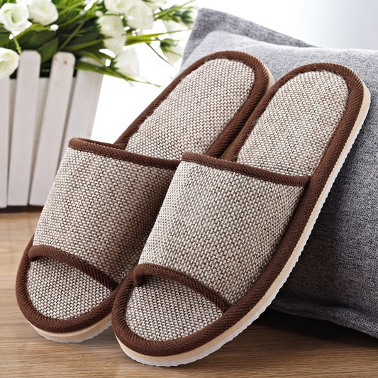 Comfortable and Breathable Four Seasons  Open-Toe Linen Slippers for Home and Spa Use