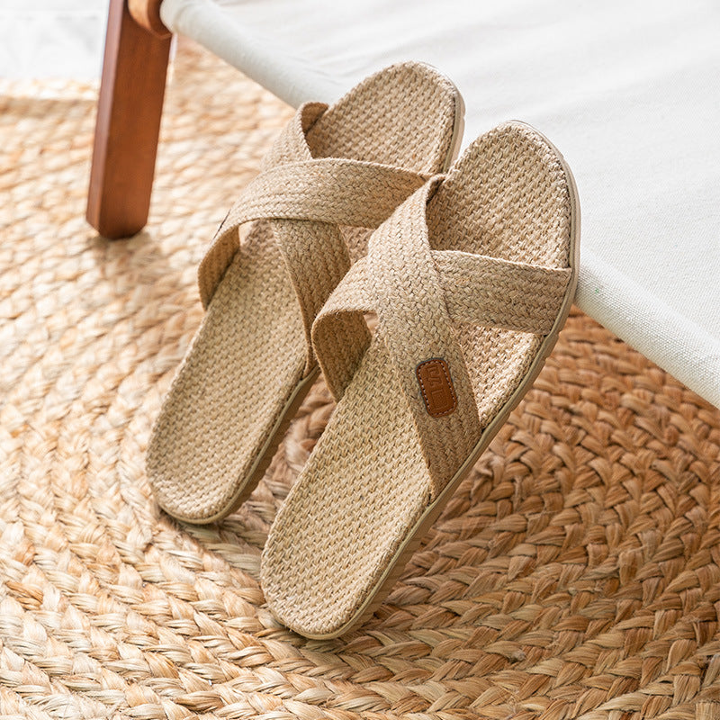 Anti-slip Breathable Women Men  Linen Flax Slippers for Indoor Use