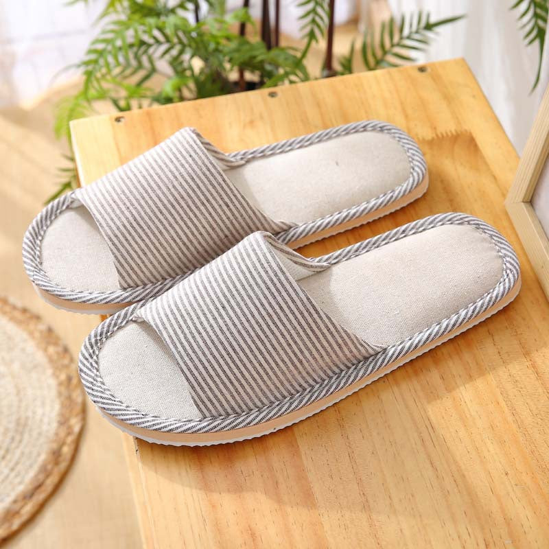 New Arrival Thin Striped Cotton Linen Indoor Slippers with Foam Sole for Wood Floors