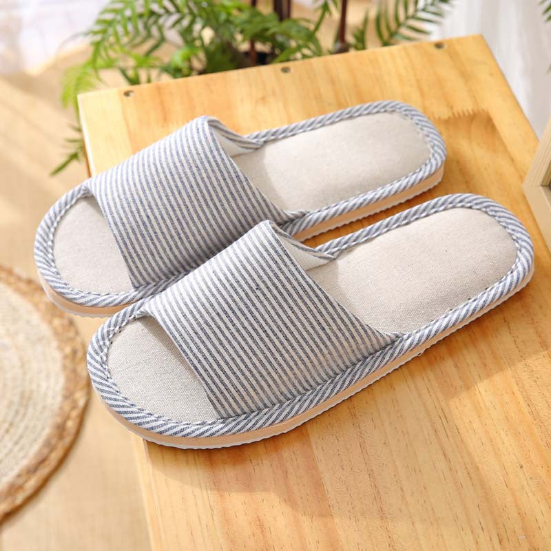 New Arrival Thin Striped Cotton Linen Indoor Slippers with Foam Sole for Wood Floors