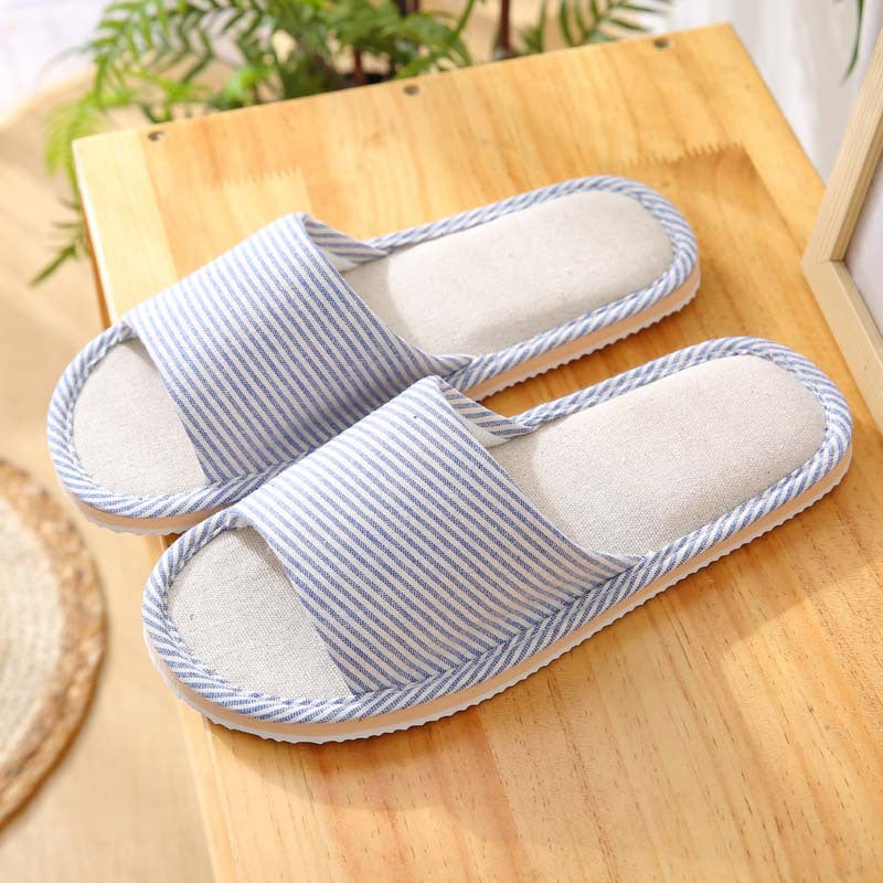 New Arrival Thin Striped Cotton Linen Indoor Slippers with Foam Sole for Wood Floors