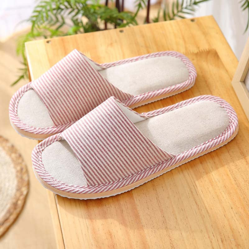 New Arrival Thin Striped Cotton Linen Indoor Slippers with Foam Sole for Wood Floors