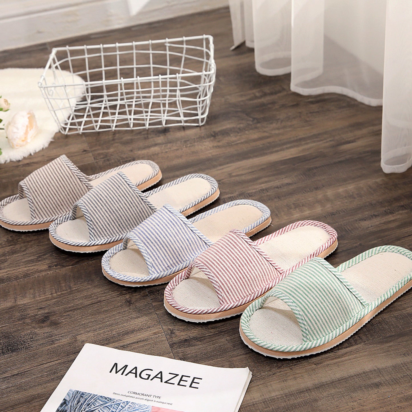 New Arrival Thin Striped Cotton Linen Indoor Slippers with Foam Sole for Wood Floors