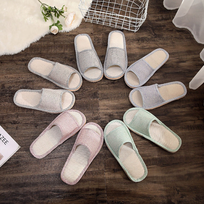 New Arrival Thin Striped Cotton Linen Indoor Slippers with Foam Sole for Wood Floors